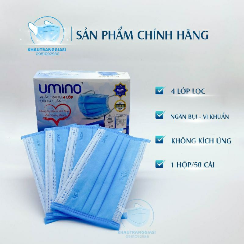 (Umino Long Châu) Khẩu trang 4 lớp Umino màu xanh hộp 50 chiếc