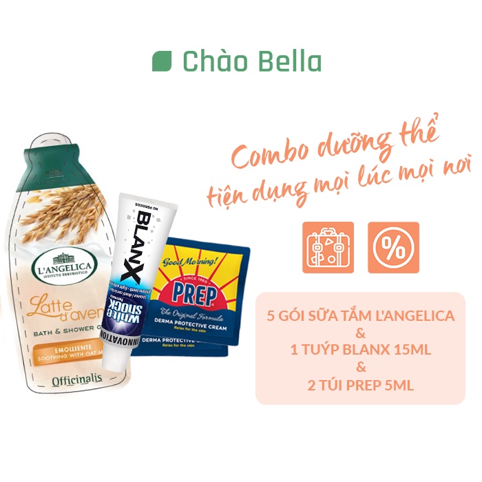 Combo 5 Gói Sữa Tắm L'ANGELICA &amp; 1 Tuýp BlanX &amp; 2 Gói Kem Đa Năng Prep Size Nhỏ Bỏ Túi Tiện Lợi (10ml - 15ml - 5ml)