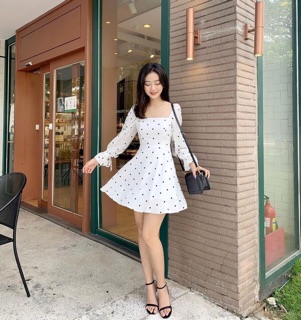 Đầm Trắng Chấm Bi Dáng Xoè [ Ảnh Thật]