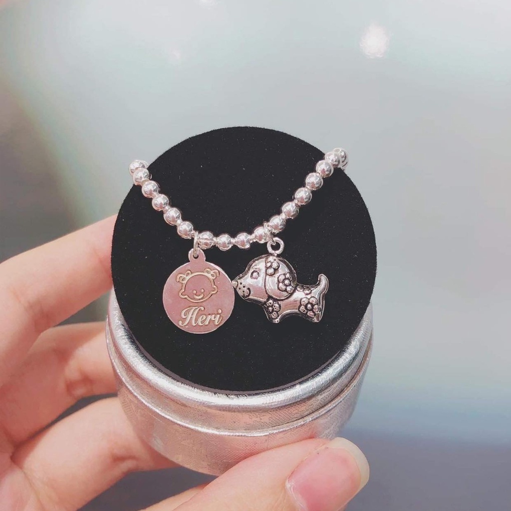 Lắc bạc bi cho bé PANSY treo thẻ khắc tên và con giáp dễ thương - Vòng tay chân bạc trẻ em dạng chuỗi bi cao cấp