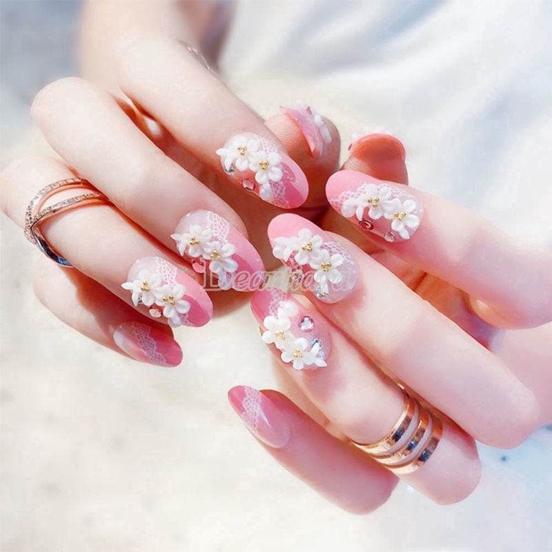 Bộ 24 Móng Tay Giả Trang Trí Hoa Xinh Xắn