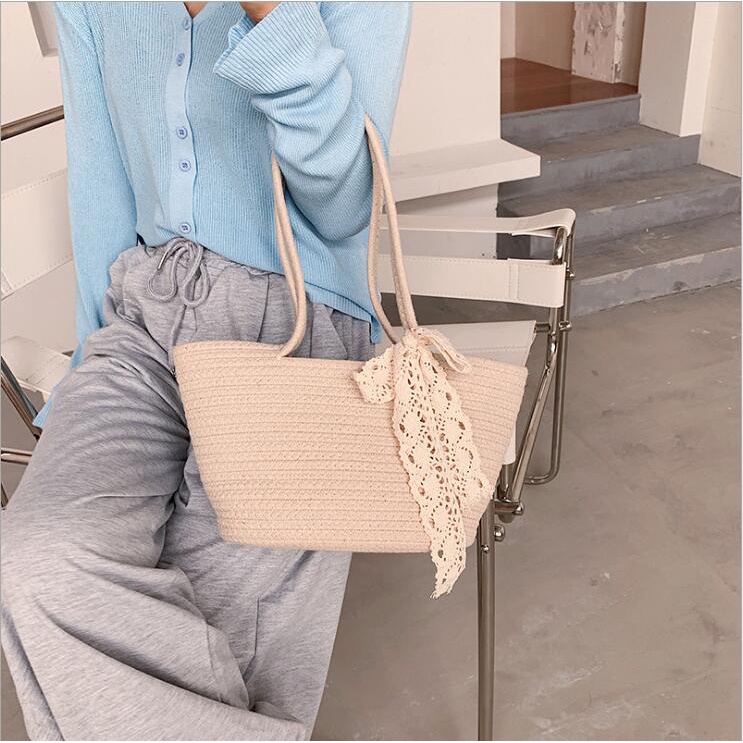 Thủ công dệt dệt kim Phong cách cổ điển Bông dây thừng Túi rơm Nữ Túi xách thời trang cho phụ nữ (bao gồm dải băng)