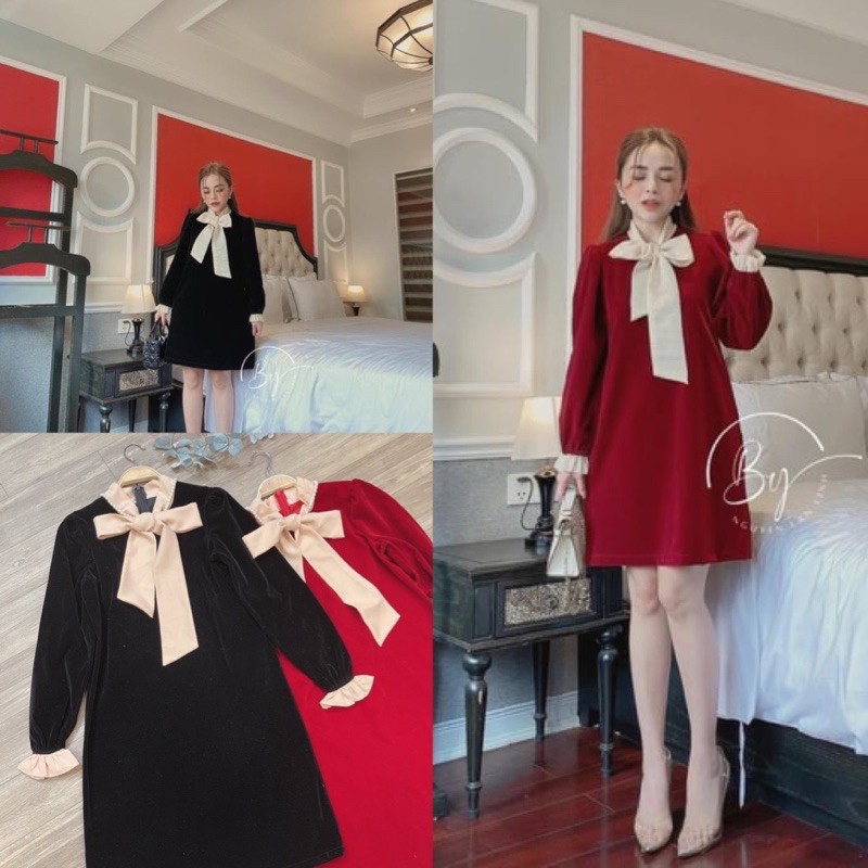 bán sỉ váy nhung cổ nơ ngọc
