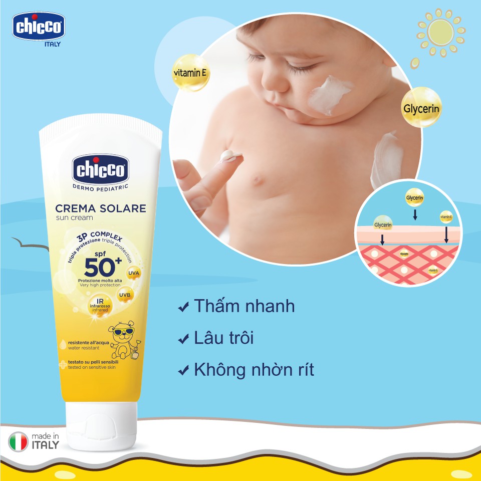 Kem chống nắng cho bé CHICCO SPF 50+ 75ml, kem chống nắng dưỡng da cấp ẩm - Monnie Kids