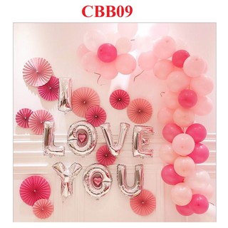 THANH LÝ NGHỈ BÁN - Y Hình - Combo set trang trí I LOVE YOU kèm quạt hoa giấy và bóng nhũ - CBB09