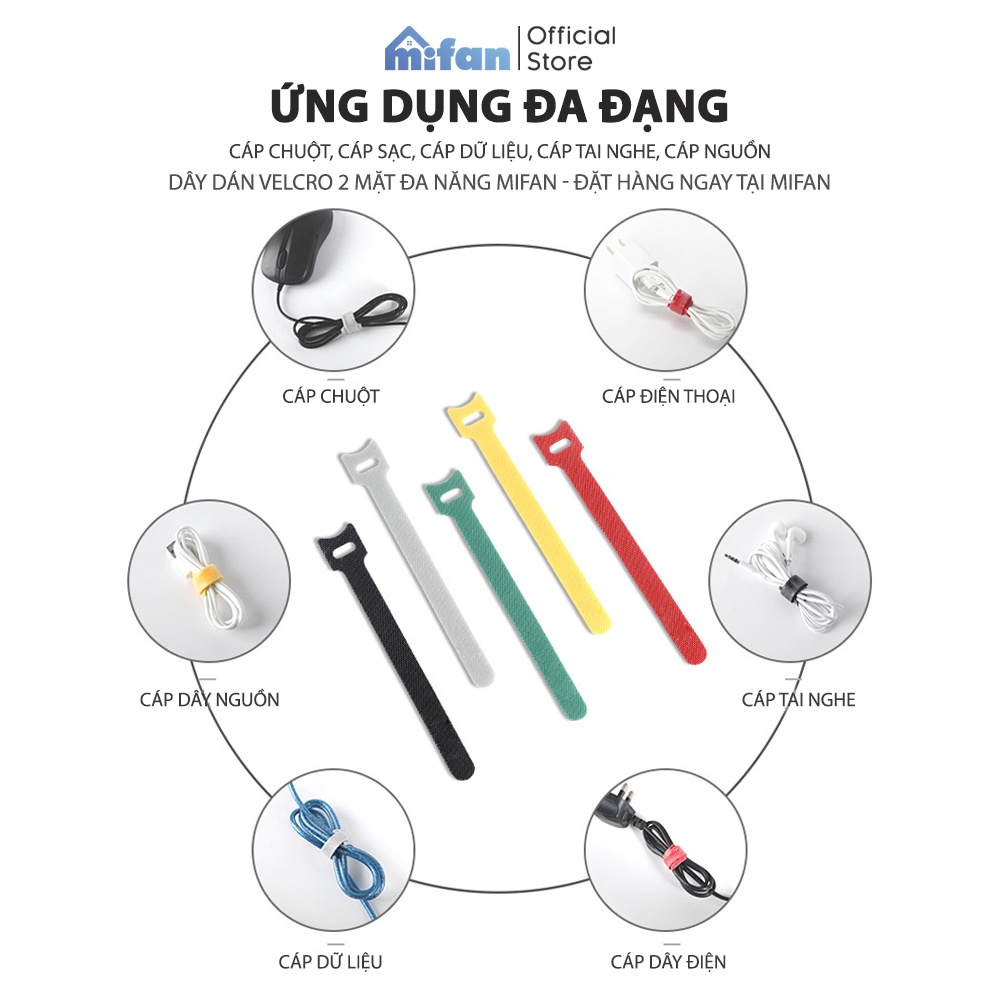 Dây Dán Velcro 2 Mặt Đa Năng MIFAN - Dài 18cm, 10 chiếc/set - Buộc Gọn Dây Cáp Sạc Điện Thoại, Máy Tính, Tai Nghe