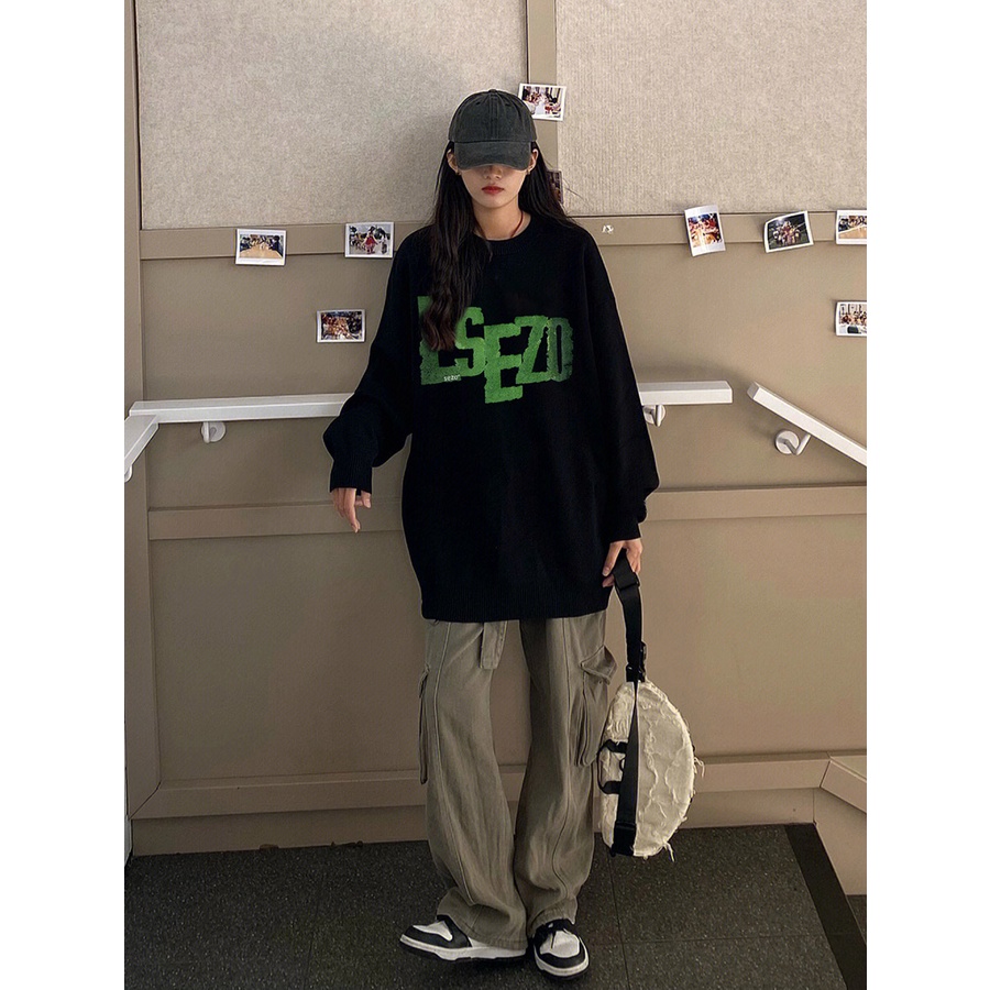 SELVZE Áo sweater cổ tròn dáng rộng in họa tiết phong cách retro Mỹ thời trang cá tính cho nữ