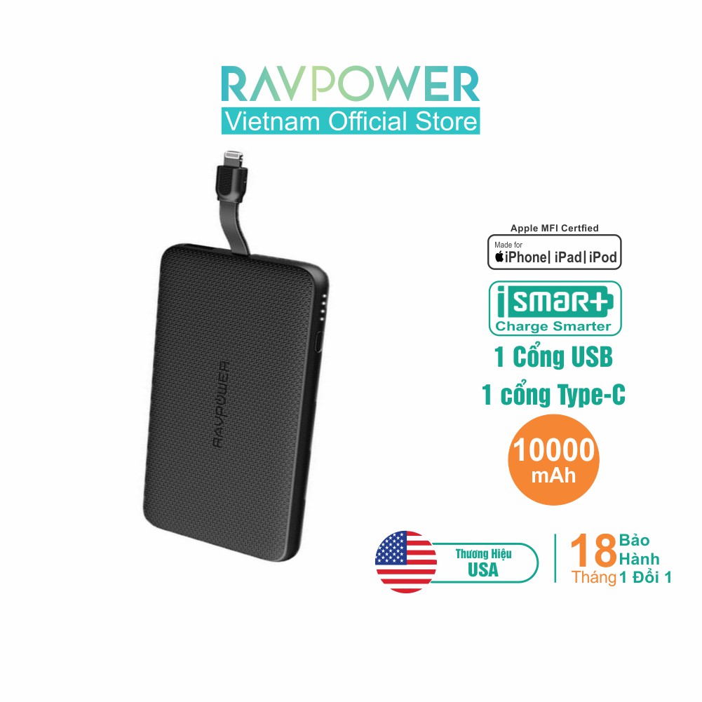 Pin Sạc Dự Phòng RAVPower 10000mAh 17, 5W Tích Hợp Cáp Lighning, MFI, RP- PB099