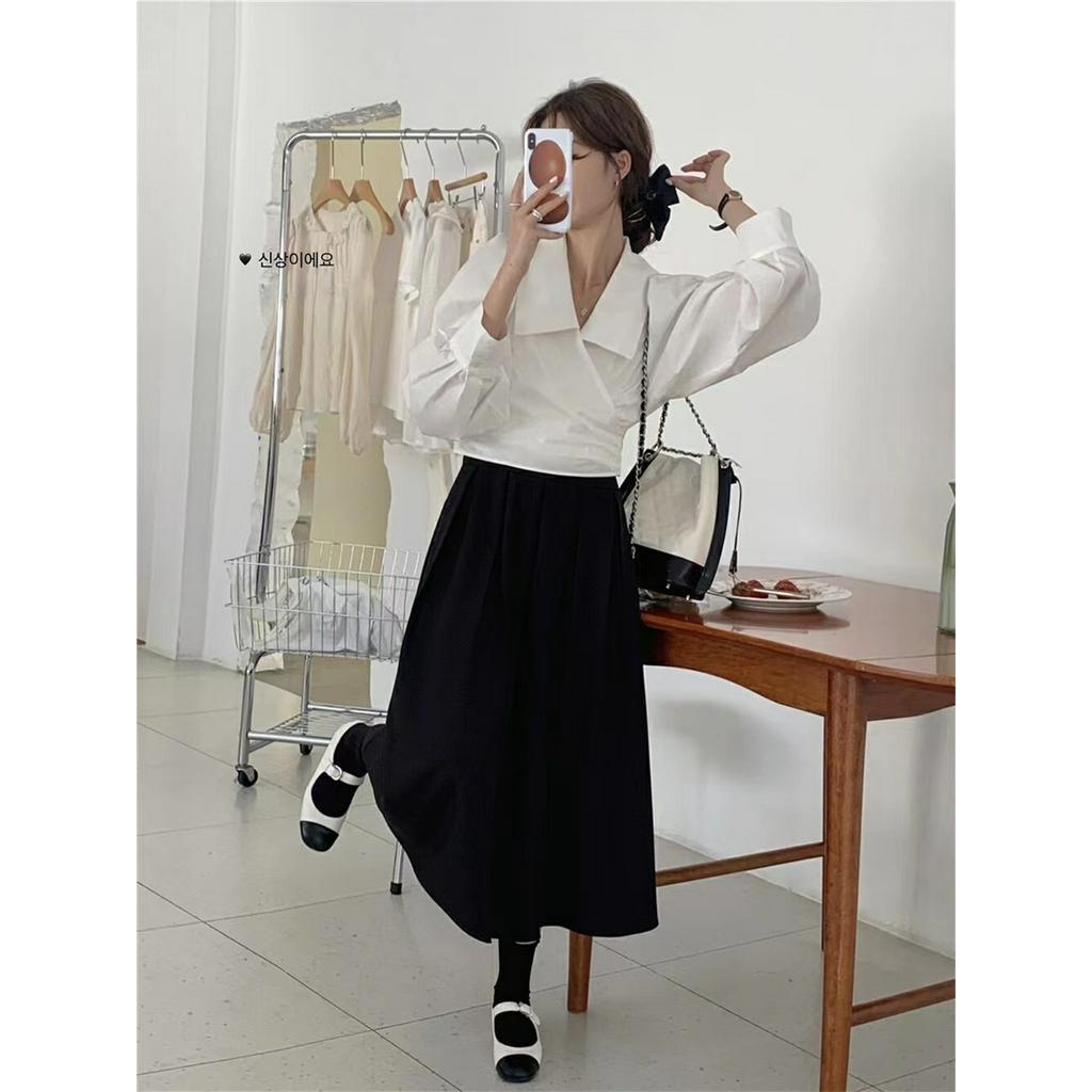 62224 Áo Sơ Mi Ngắn Thắt Nơ Chéo Màu Trơn Cỡ Lớn Kiểu Pháp