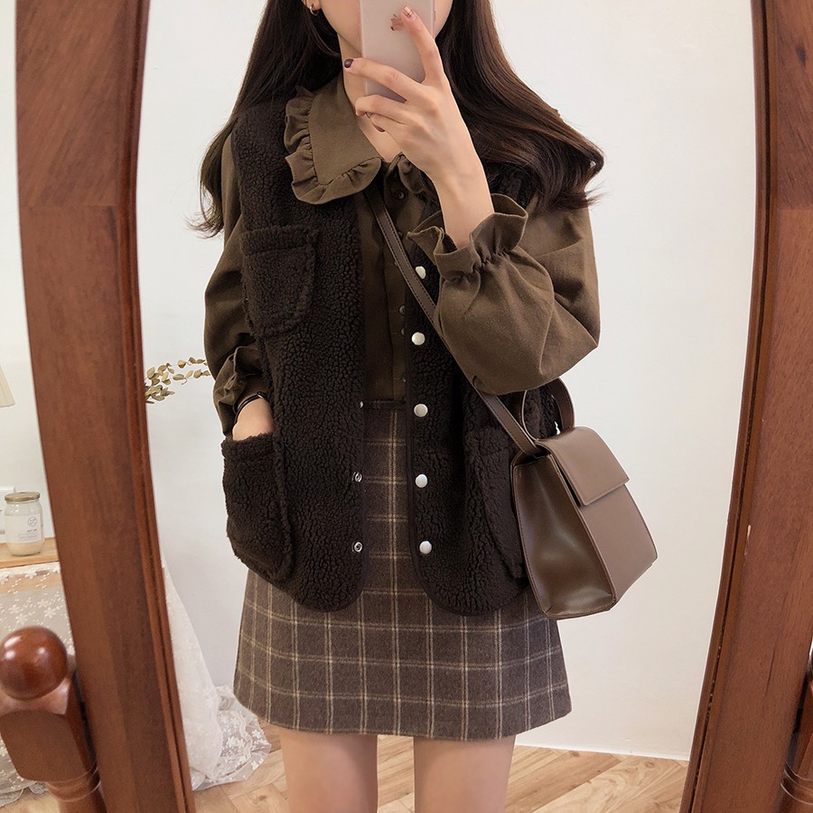 Áo Sơ Mi Nữ Tay Dài Có Diềm Xếp Nếp Màu Nâu 26666