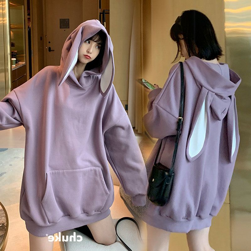 Áo hoodie tai thỏ trơn oversize dáng rộng hack dáng 100% ảnh thật