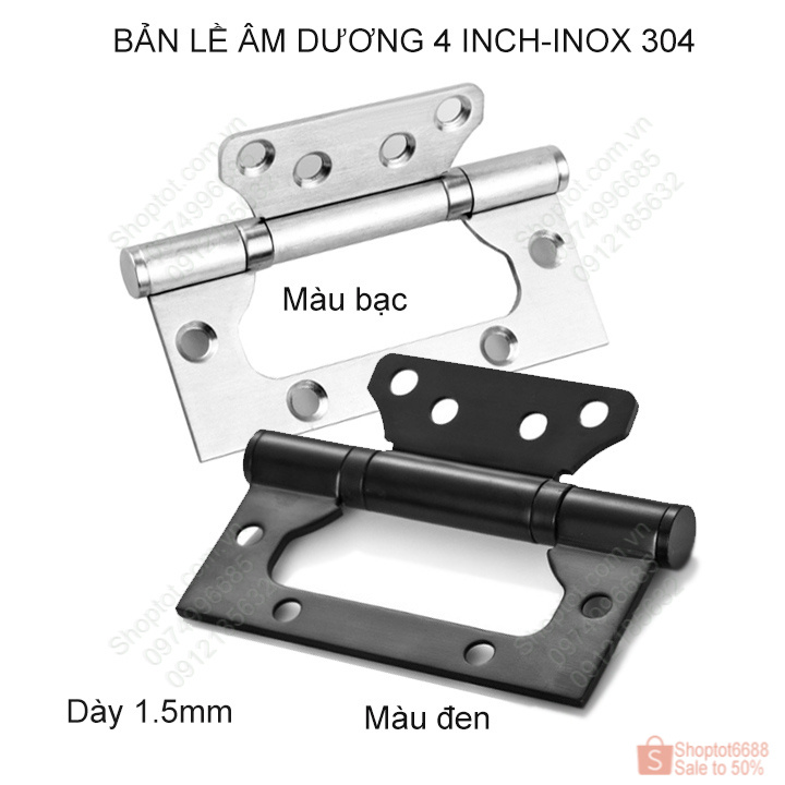 (Shoptot) Bản lề lá âm Dương (cánh bướm) 4x3 (4 inch) bằng inox 304 dày 1.5mm cho cửa gỗ, cửa nhựa, cửa nhôm