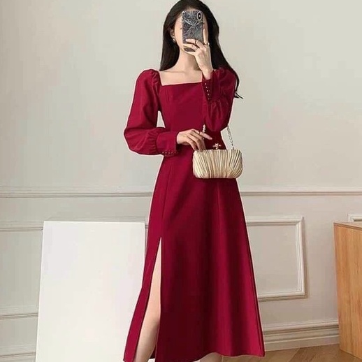 Đầm tiểu thư tay dài sang chảnh cổ vuông tay đính cườm cho nàng dự tiệc đi chơi
