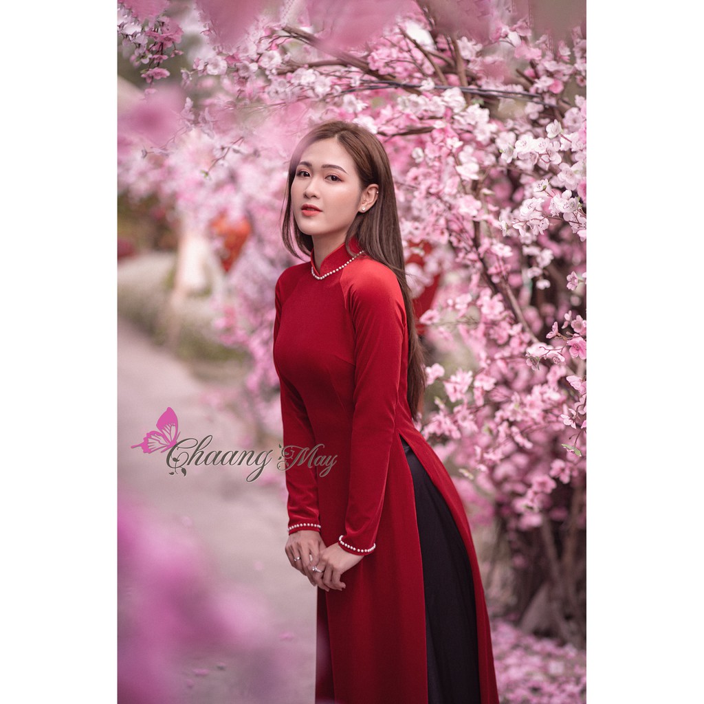 Áo dài nhung đính đá ngọc ⚡FREESHIP⚡ Áo dài truyền thống sang trọng, vải co giãn đẹp