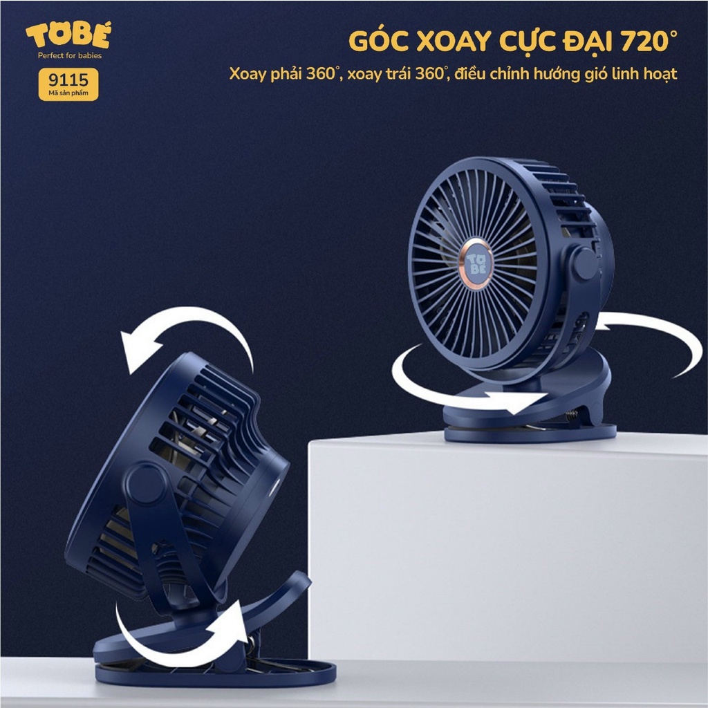Quạt tích điện mini Tobe nhỏ gọn, cầm tay, để bàn, kẹp xe đẩy cho bé pin 10000mAh