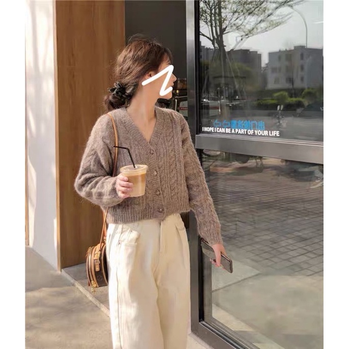 Áo cardigan len crotop Basic phối cúc áo khoác len mịn lông thỏ 3 màu phong cách hàn quốc