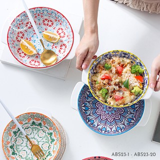 Tô có tay cầm hình tròn họa tiết nhiều màu Bohemia, thố nướng, bát đựng salad, decor bàn ăn [có ảnh thật]