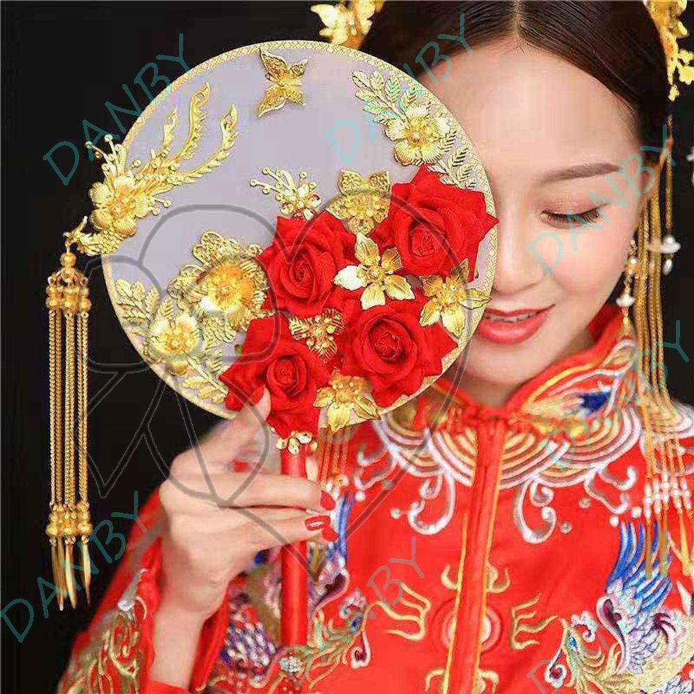 Quạt Xếp Cầm Tay Hình Rồng Phượng Hoàng Sang Trọng Cho Cô Dâu|Phụ Kiện Trang Trí Đám Cưới Màu Đỏ Phong Cách Trung Hoa Cổ Điển