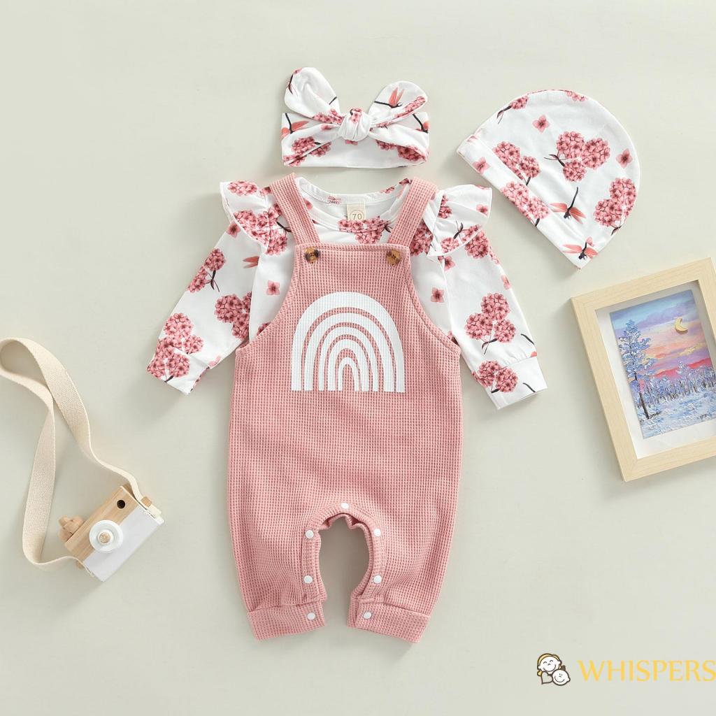 Bộ Áo Liền Quần Tay Dài Cổ Tròn In Hoa + Áo Liền Quần Hai Dây Màu Cầu Vồng + Mũ Hoa + Băng Đô Xinh Xắn