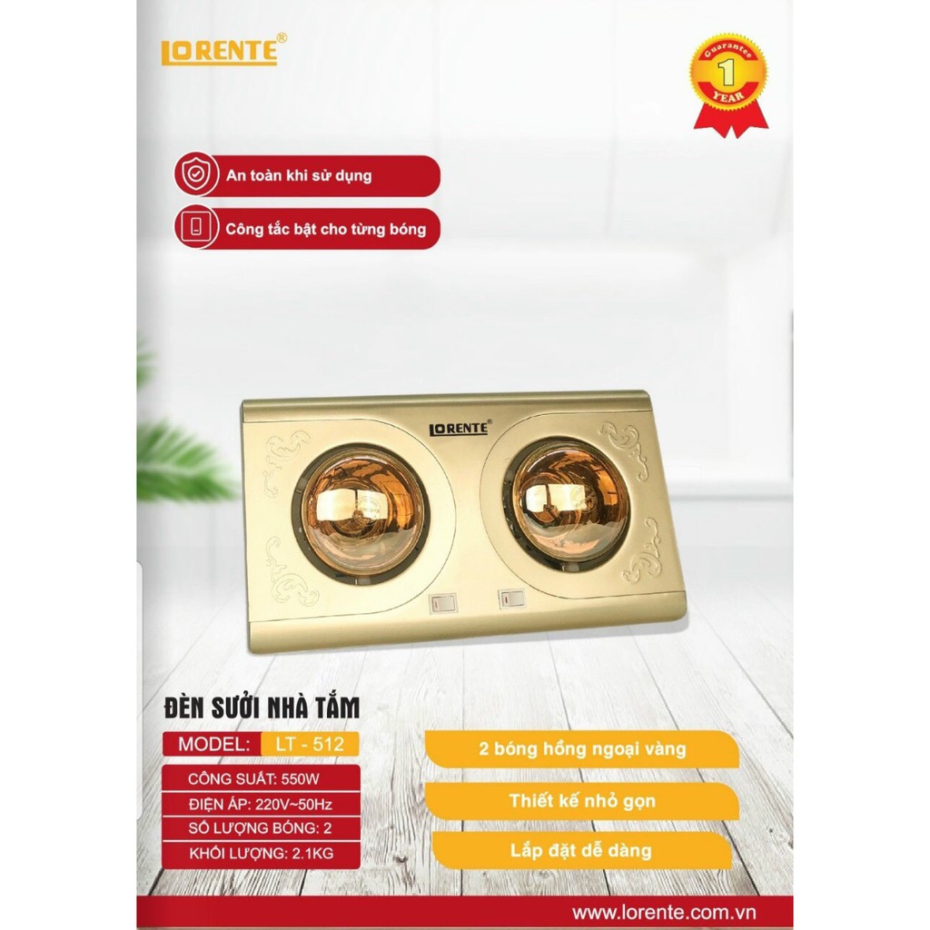 Xả kho - Đèn sưởi nhà tắm Lorente LT512 (2 bóng)