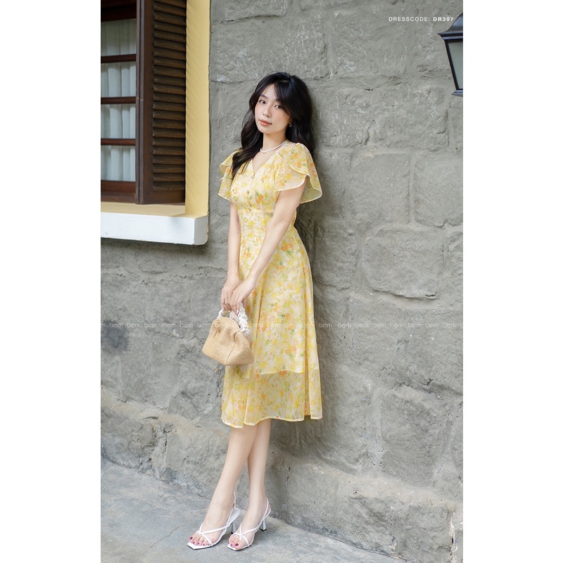 ĐẦM Hoa Vàng Vải Tơ Tằm Ánh Kim Tôn Dáng Tay Cánh Tiên BEM Studio