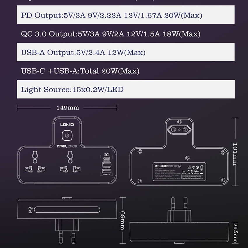 Ổ cắm điện đa năng thông minh ,Ổ chuyển đổi USB với chân PD sạc nhanh 20W , Đèn ngủ cảm ứng tự động  LDNIO chính hãng