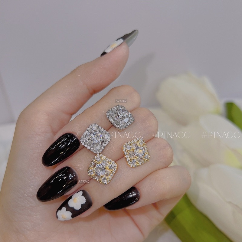 Bông tai, khuyên tai xi bạch kim đính đá vuông .PTNACC.