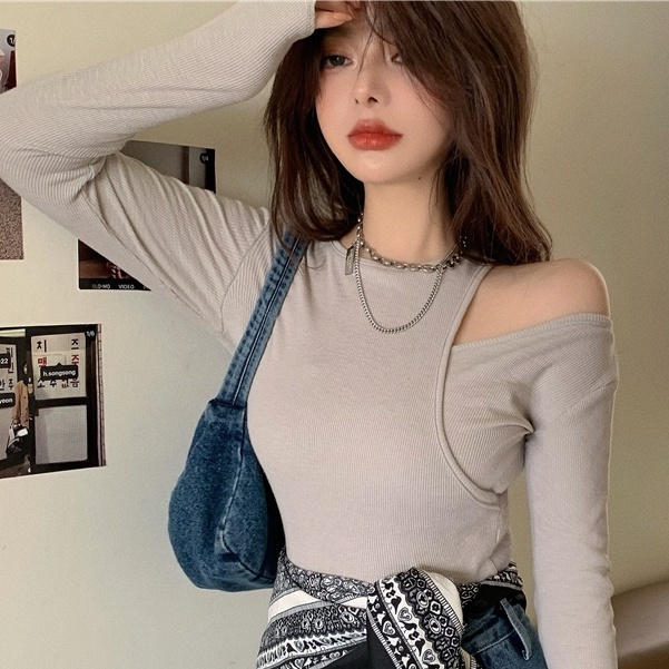 Áo Croptop Dài Tay Dáng Ôm Xẻ Vai Phong Cách Hàn Quốc