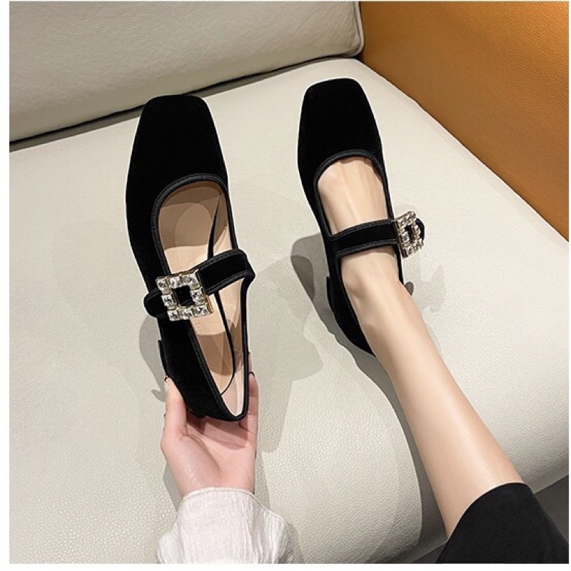 Giày búp bê cho nữ khuy đá mũi vuông đế cao 4cm