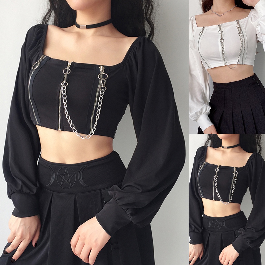 Áo Croptop Tay Dài Cổ Vuông Phối Dây Xích Dáng Ôm Phong Cách Cổ Điển Thời Trang Cho Nữ