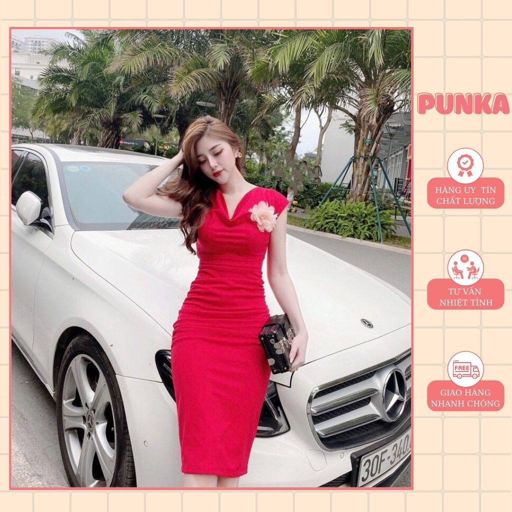 Đầm body đỏ dáng ôm tay ngắn cổ chéo  cao cấp sang chảnh công sở