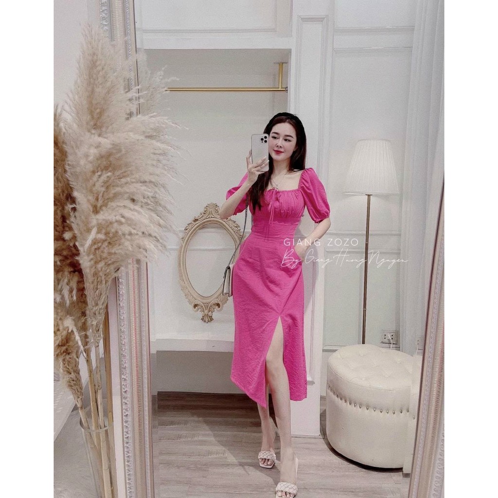 VÁY ĐŨI HỒNG/NÂU CỔ VUÔNG RÚT DÂY XẺ TÀ | BigBuy360 - bigbuy360.vn