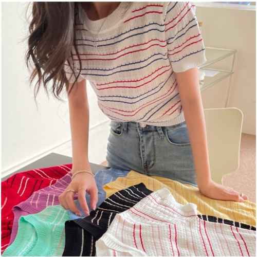 Áo thun nữ cổ tròn ngắn tay họa tiết kẻ sọc 8 màu thời trang