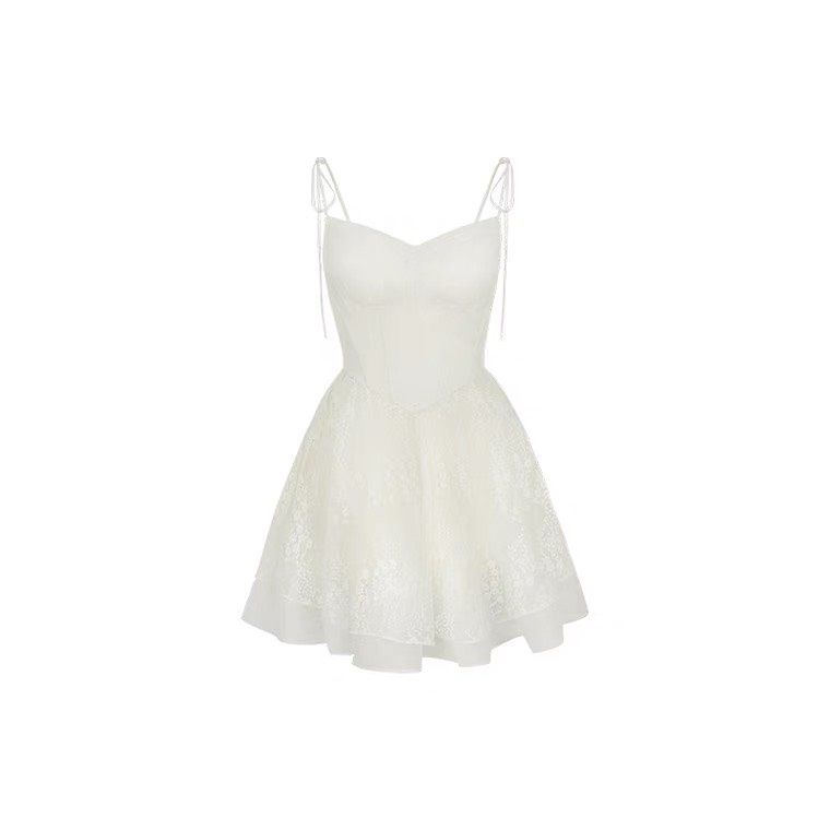 Đầm trắng hai dây cúp ngực chất ren phối voan đầm thiết kế cao cấp