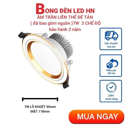 D15 Đèn Âm Trần Đế Tản 7W Phi 90mm, Đèn Trần Trang Trí Thạch Cao đã bao gồm nguồn viền bạc