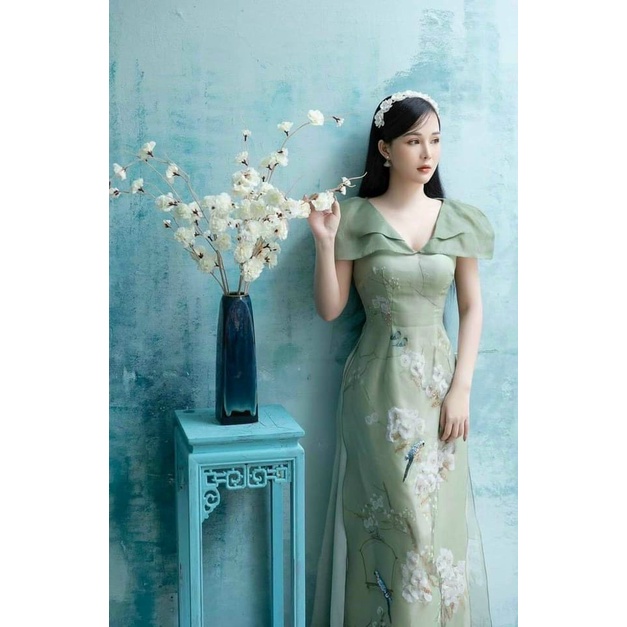 Áo Dài Cách Tân , Hoa Nổi Đính Thêu Tay Toàn Bộ , Thiết Kế Tơ Organza Cao Cấp , Cổ V Tay Choàng Cực Sang