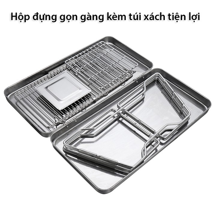 Bếp nướng vỉ nướng than hoa gấp gọn du lịch, dã ngoại inox siêu bền