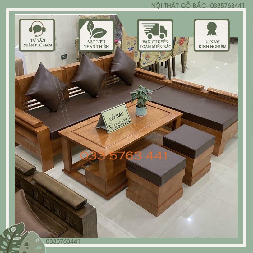 Ảnh thật bộ sofa gỗ sồi nga góc L 2mx1m8 giá tại xưởng gỗ sồi nga 100%