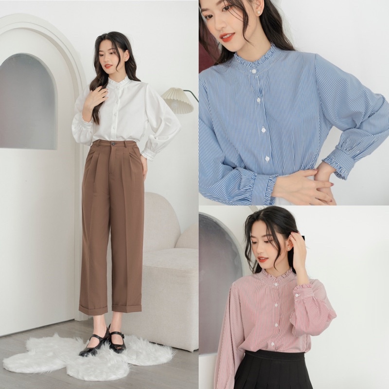 Áo Sơ Mi Nữ Dài Tay Cổ Tàu Vải Đũi Xước Nhật Không Nhăn