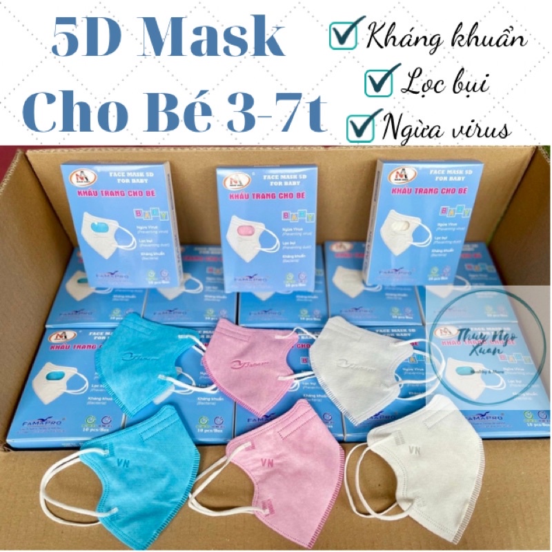 Khẩu Trang 6D Cho Bé VN KID Mask Nam Anh FAMAPRO Kháng Khuẩn, Lọc Bụi, Ngừa Virus, Ôm Sát Khuôn Mặt (Hộp 10 Cái)