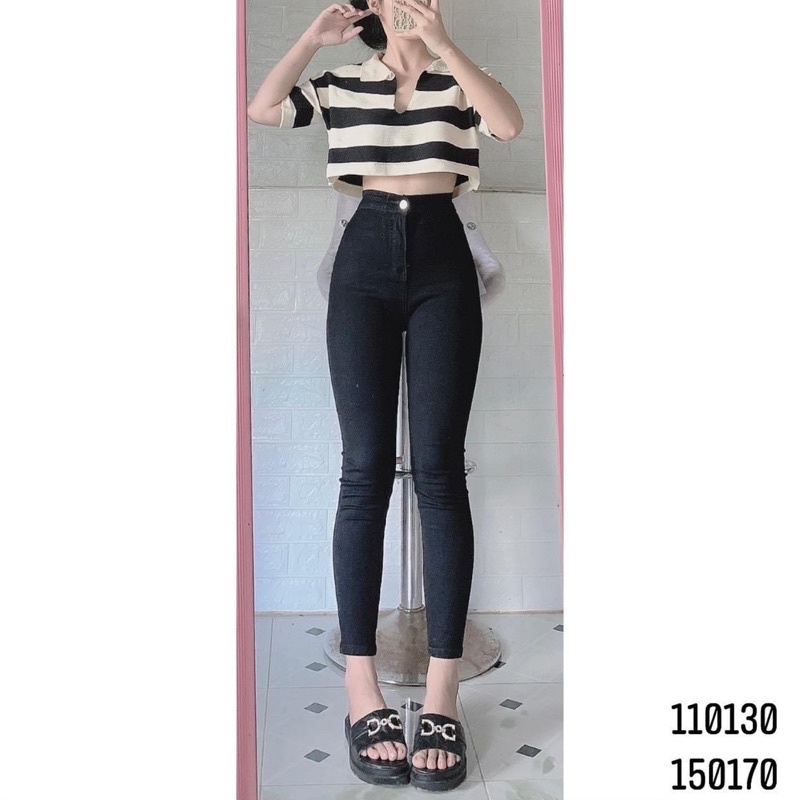 Set jeans dài lưng cao không túi + croptop cổ bẻ sọc