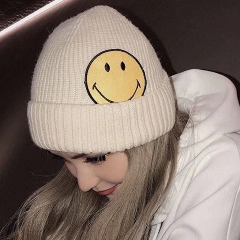 Mũ Len Dệt Kim Hình Mặt Cười Phong Cách Zhou Yangqing Phong Cách Hàn Quốc Thời Trang Thu Đông Dành Cho Nữ