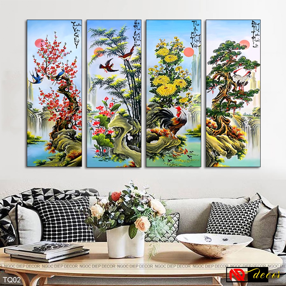 Tranh dán tường tứ quý chất liệu gỗ nhựa chống nước kích thước 30x80 cm x 4 tấm, ke,f băng dính xốp