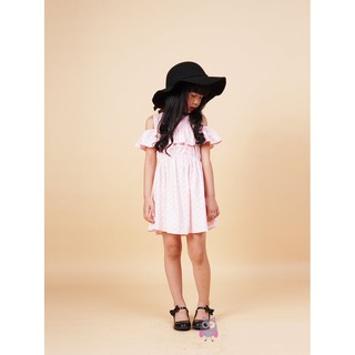 Đầm hồng chấm bi rớt vai Love Kids