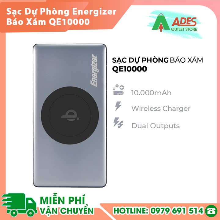 Pin dự phòng Energizer BÁO XÁM QE10000 - 10,000mAh - Tích hợp sạc không dây 5W chuẩn Qi, thiết kế vỏ kim loại chắc chắn