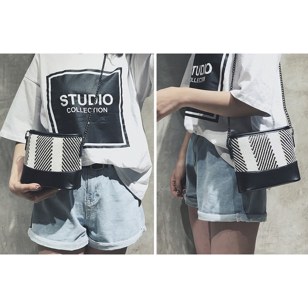 Túi Cói Vân Sọc Phối Da Khóa Kéo Cực Hot