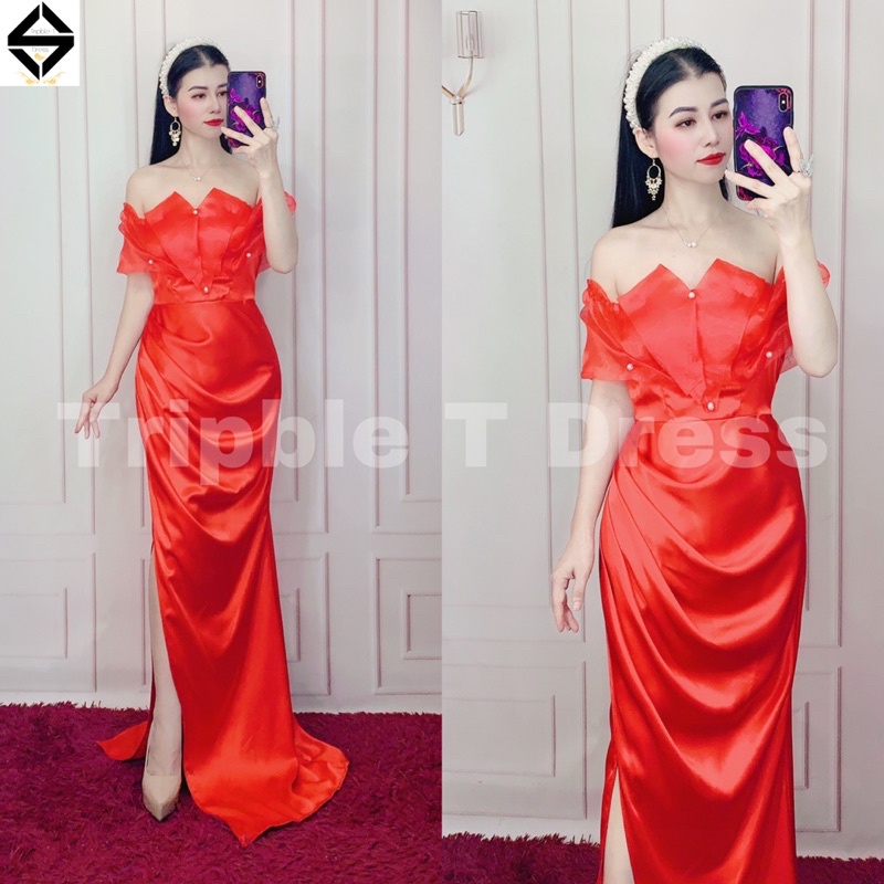 Đầm maxi body dạ hội TRIPBLE T DRESS xẻ đùi bẹt vai voan kính kết ngọc - size S/M/L -MS408V