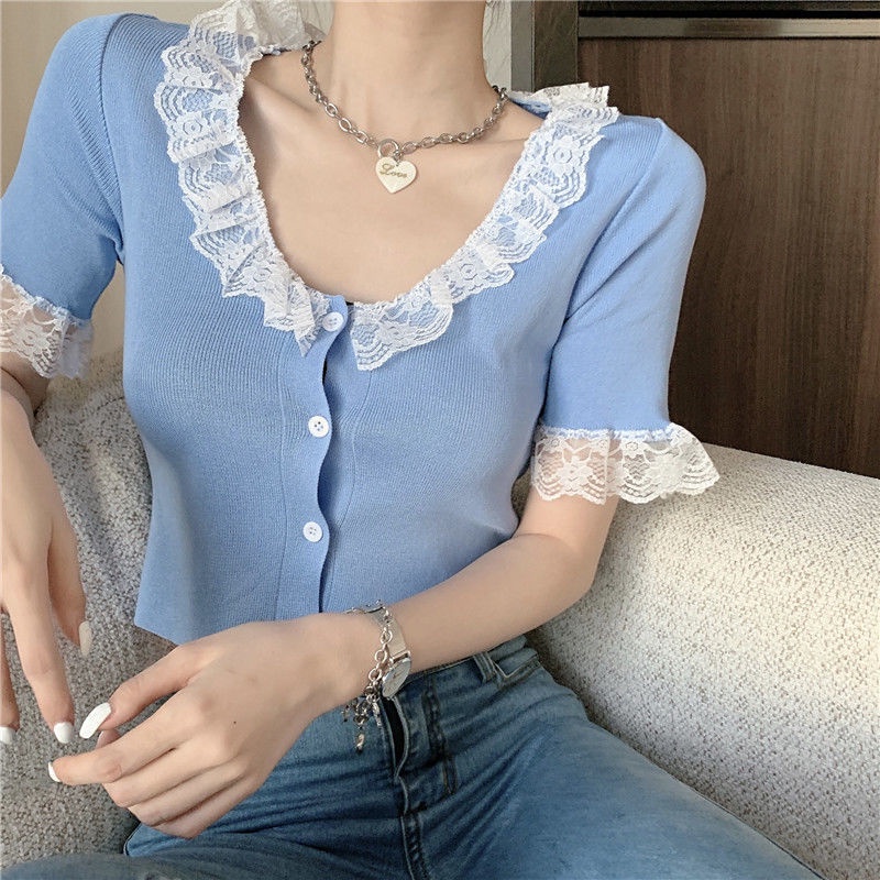 Áo Cardigan Dệt Kim Tay Ngắn Dáng Ôm Phối Ren Mỏng Lưng Cao Thời Trang Mùa Hè Phong Cách Hàn Quốc Cho Nữ
