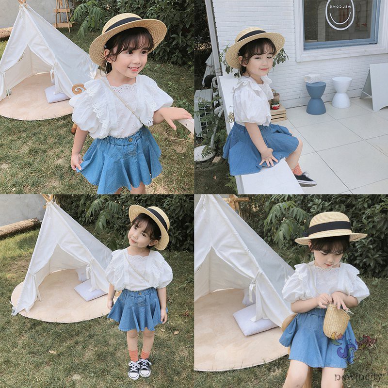 Set Áo Thun Tay Ngắn &amp; Chân Váy Jean Cho Bé Gái