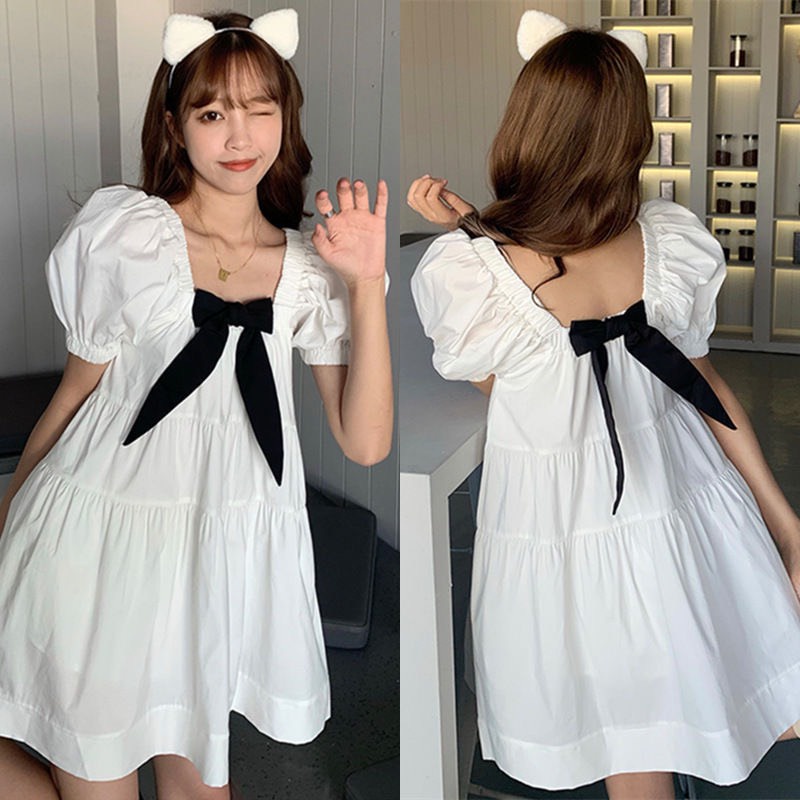 Váy Babydoll Nữ ,Váy Tiểu Thư Trắng Xoè Cổ Vuông Đính Nơ,Freesize Dưới 60kg, Chất Thô Mềm Xếp Tầng Phong Cách Hàn Quốc | BigBuy360 - bigbuy360.vn